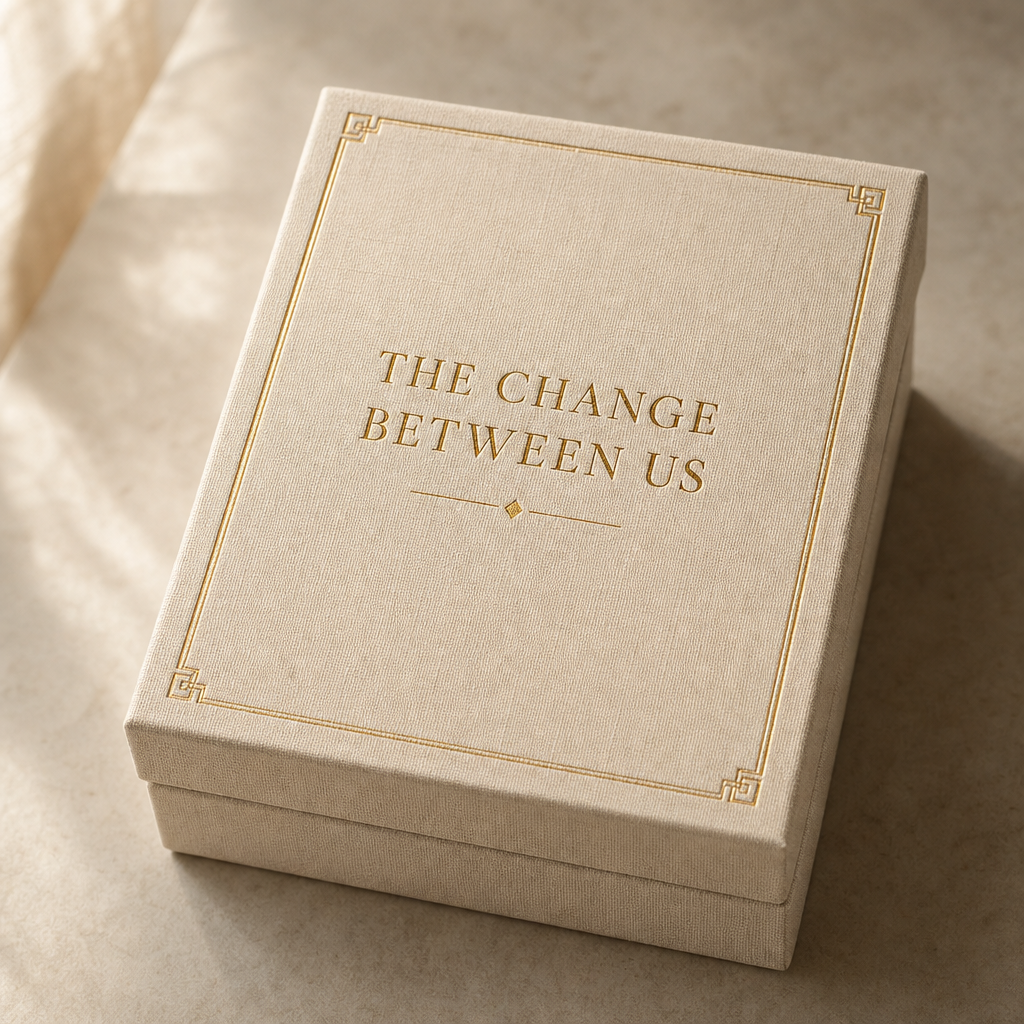 Cream linen keepsake box for The Change Between Us with gold foil wordmark and deco corner rules